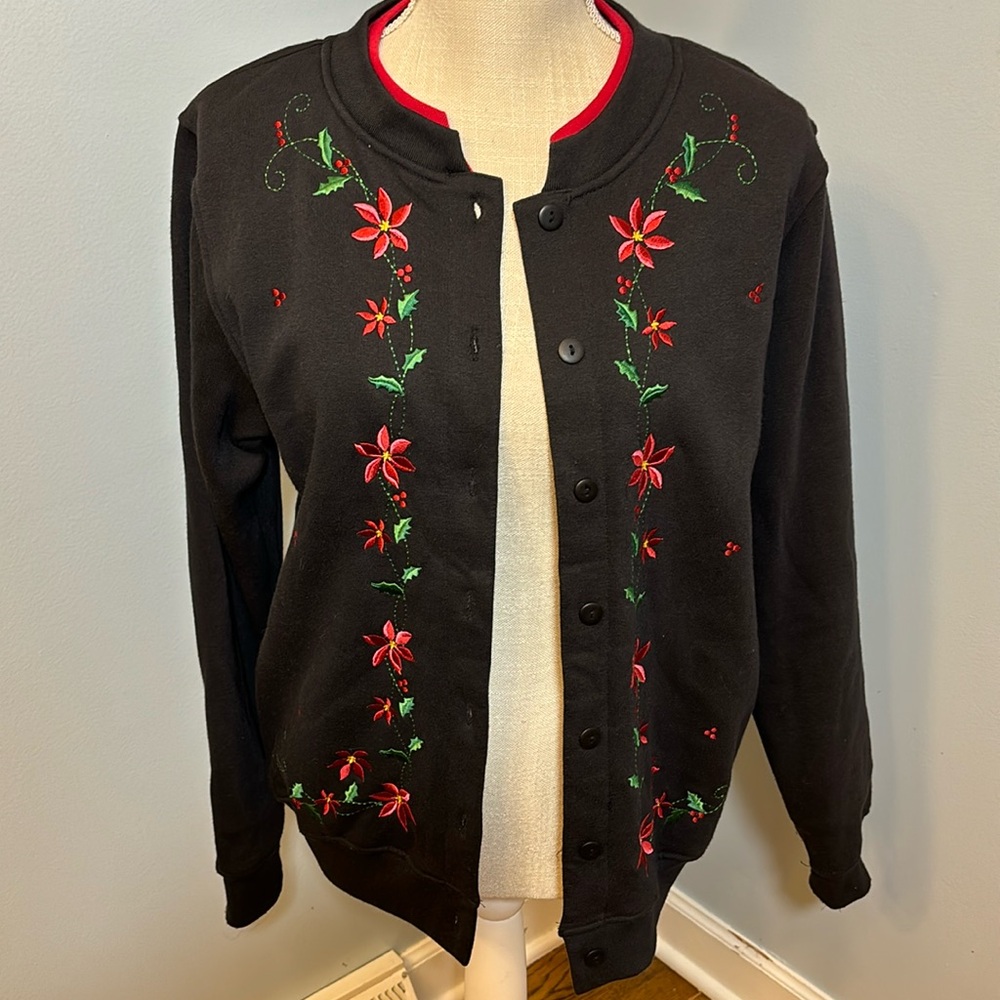 Shenanigans Womens Small Black Embroidered Poinsettia Christmas Cardigan Fleece